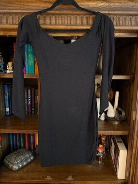 Windsor Black Glitter Long Sleeve Mini Dress Finger Hole Sleeves Size M Party